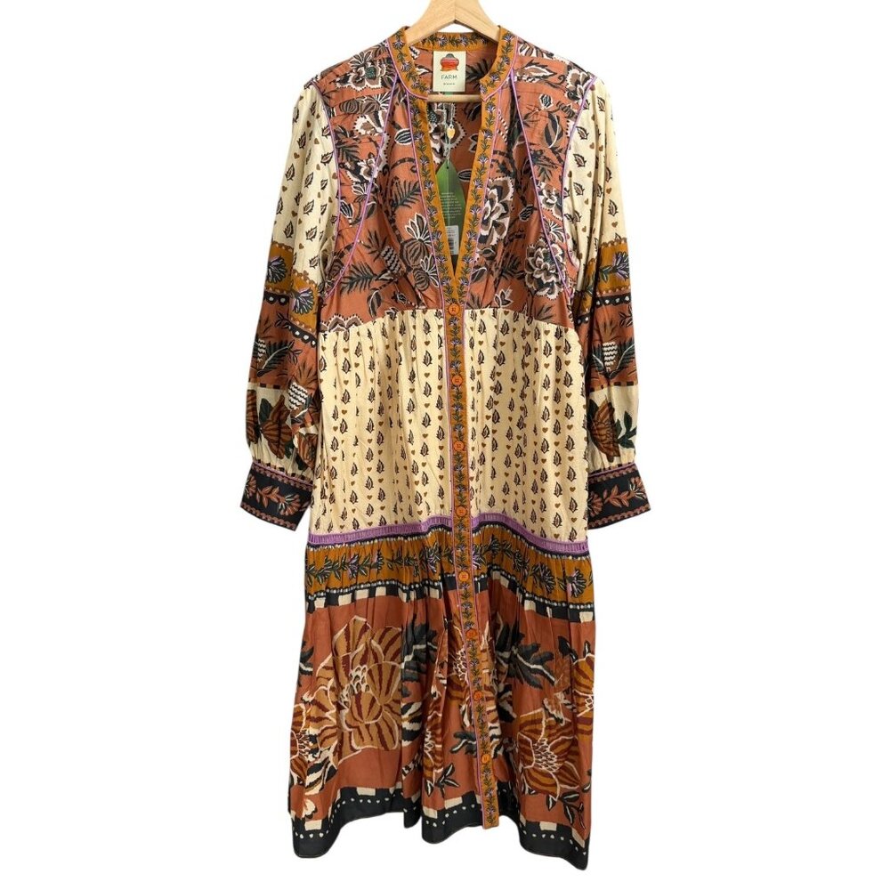 Farm Rio Ainika Midi Dress Cottagecore Boho Maximalist Floral Beige‎ M